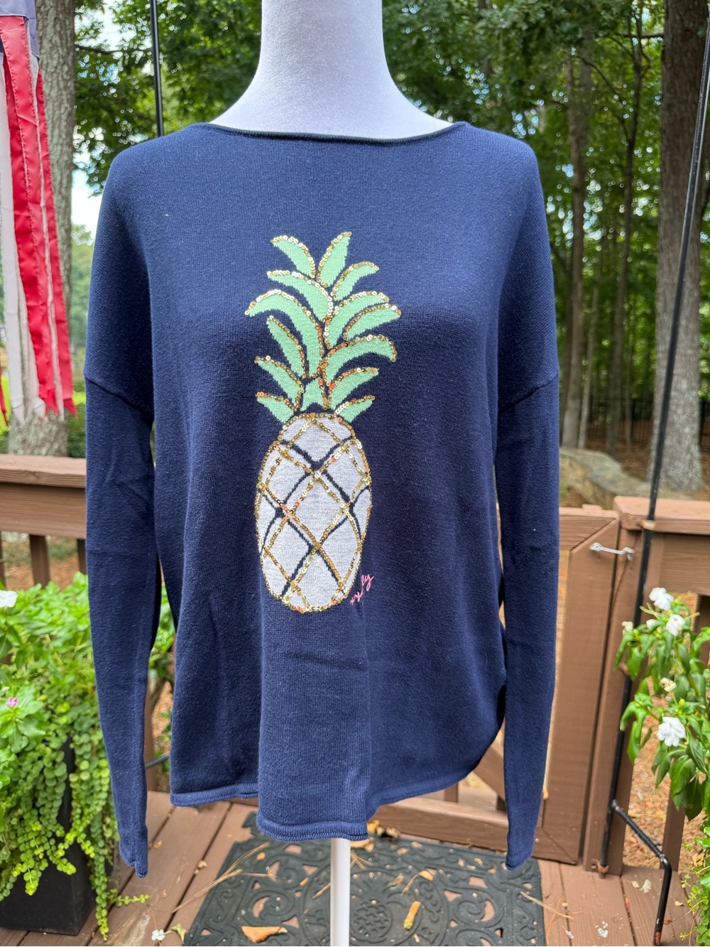 Lilly Pulitzer Navy Pullover sweater with Sequin Pineapple